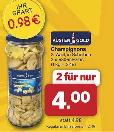 KÜSTEN GOLD Champignons, 2. Wahl, in Scheiben, 2 x 580-ml-Glas