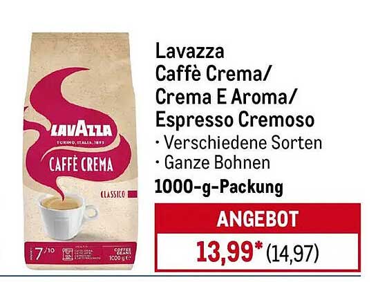 Lavazza Caffè Crema/Crema E Aroma/Espresso Cremoso – Ganze Bohnen 1000-g-Packung