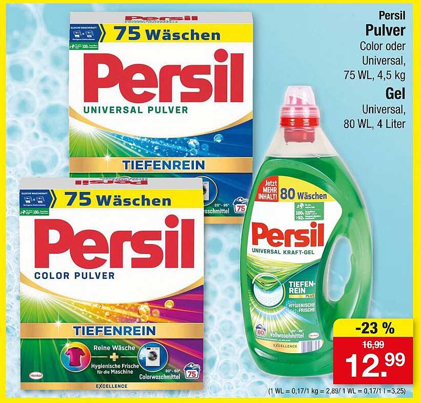 Persil Universal Pulver oder Color Pulver, 75 WL, 4,5 kg & Universal Kraft-Gel, 80 WL, 4 Liter