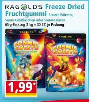 Ragolds Freeze Dried Fruchtgummi - Saure Würmer, Saure Colaflaschen oder Saure Bären