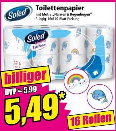 Soled Toilettenpapier mit Motiv „Narwal & Regenbogen“ – 16 Rollen