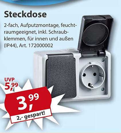 Steckdose 2-fach, Aufputzmontage, feuchtraumgeeignet, inkl. Schraubklemen