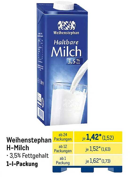 Weihenstephan H-Milch 3,5% Fett 1-Liter-Packung