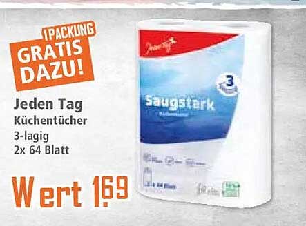 1 PACKUNG GRATIS DAZU! Jeden Tag Küchentücher 3-lagig 2x 64 Blatt