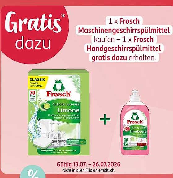 1 x Frosch Maschinengeschirrspülmittel kaufen - 1 x Frosch Handgeschirrspülmittel gratis dazu erhalten.