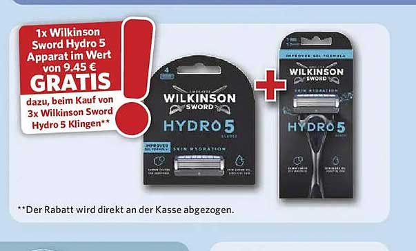 1x Wilkinson Sword Hydro 5 Apparat im Wert von 9,45 € GRATIS, dazu, beim Kauf von 3x Wilkinson Sword Hydro 5 Klingen**