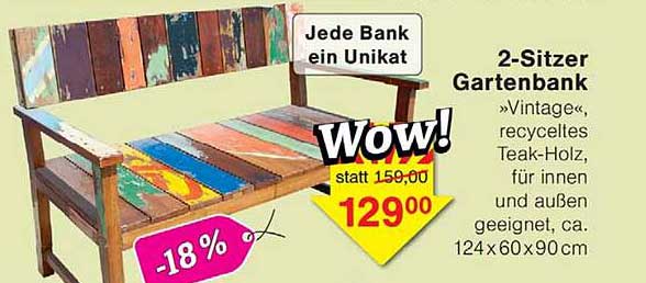 2-Sitzer Gartenbank »Vintage«, recyceltes Teak-Holz, für innen und außen geeignet, ca. 124x60x90cm
