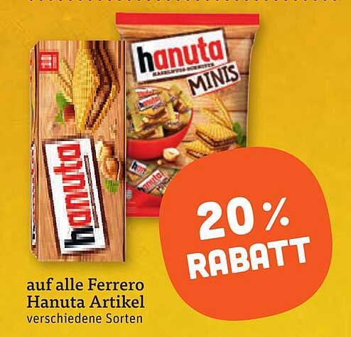 20% RABATT auf alle Ferrero Hanuta Artikel verschiedene Sorten