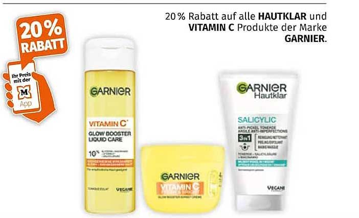 20% Rabatt auf alle HAUTKLAR und VITAMIN C Produkte der Marke GARNIER.