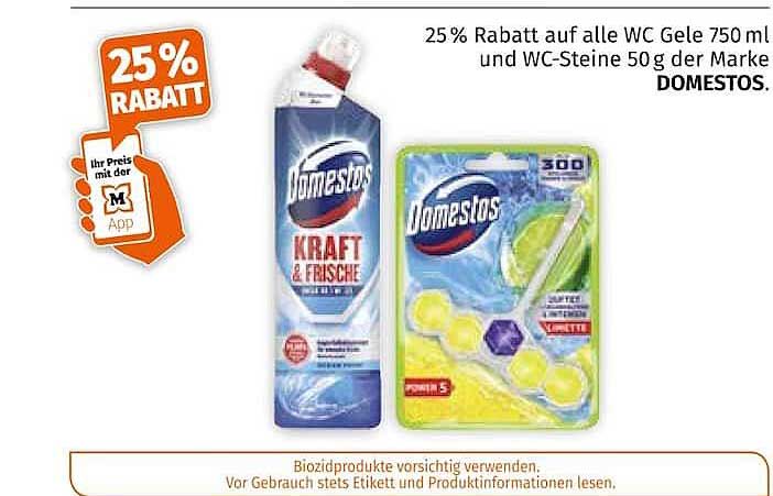 25 % Rabatt auf alle WC Gele 750 ml und WC-Steine 50g der Marke DOMESTOS.