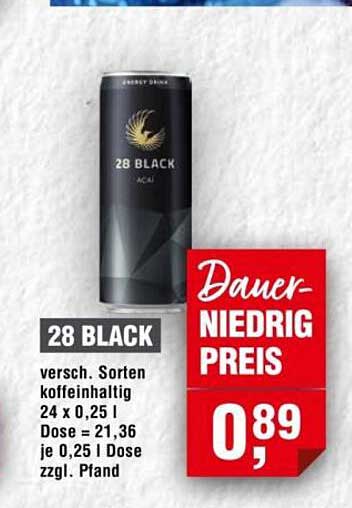 28 BLACK versch. Sorten koffeinhaltig 24 x 0,25 l Dose = 21,36 je 0,25 l Dose zzgl. Pfand