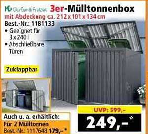 3er-Mülltonnenbox mit Abdeckung ca. 212 x 101 x 134 cm