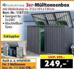 3er-Mülltonnenbox mit Abdeckung ca. 212 x 101 x 134 cm