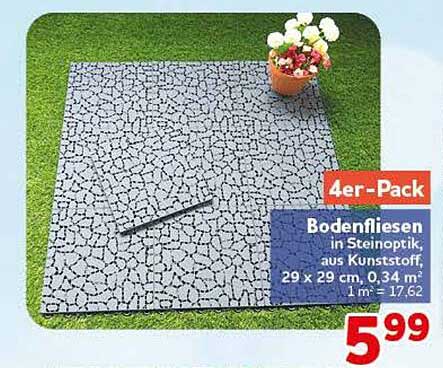 4er-Pack Bodenfliesen in Steinoptik, aus Kunststoff, 29 x 29 cm, 0,34 m², 1 m² = 17,62