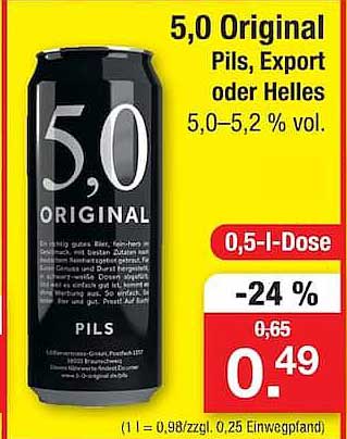 5,0 Original Pils, Export oder Helles 5,0–5,2 % vol. 0,5-l-Dose