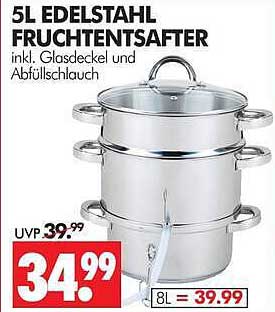 5L EDELSTAHL FRUCHTENTSAFTER inkl. Glasdeckel und Abfüllschlauch