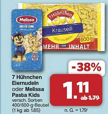 7 Hühnchen Eiernudeln oder Melissa Pasta Kids versch. Sorten 400/600-g-Beutel (1kg ab 1.85)