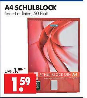 A4 SCHULBLOCK kariert o. liniert, 50 Blatt
