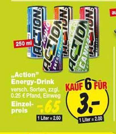 „Action“ Energy-Drink, versch. Sorten, zzgl. 0.25 € Pfand, Einweg