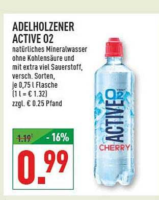 ADELHOLZENER ACTIVE 02 natürliches Mineralwasser ohne Kohlensäure und mit extra viel Sauerstoff, versch. Sorten, je 0,75 l Flasche (1 l = € 1.32) zzgl. € 0.25 Pfand