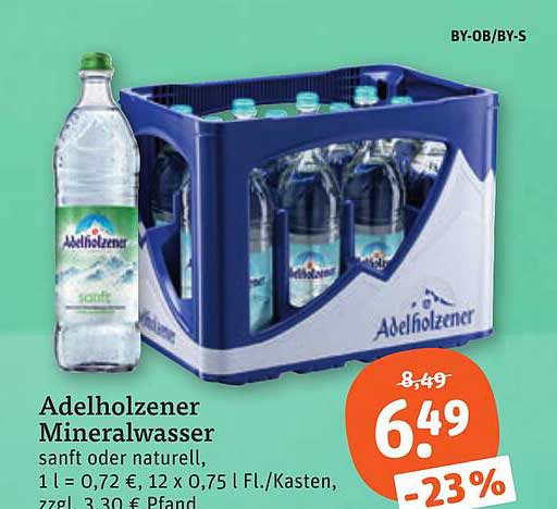 Adelholzener Mineralwasser sanft oder naturell, 1 l = 0,72 €, 12 x 0,75 l Fl./Kasten, zzgl. 3,30 € Pfand