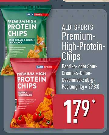 ALDI SPORTS Premium-High-Protein-Chips Paprika- oder Sour-Cream-&-Onion-Geschmack; 60-g-Packung (kg = 29.83)