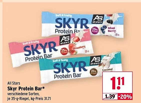 All Stars Skyr Protein Bar* verschiedene Sorten, je 35-g-Riegel, kg-Preis 31.71