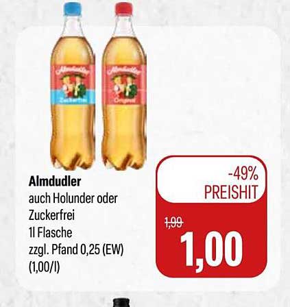 Almdudler auch Holunder oder Zuckerfrei 1l Flasche zzgl. Pfand 0,25 (EW) (1,00/l)