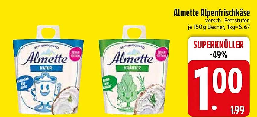 Almette Alpenfrischkäse versch. Fettstufen je 150g Becher, 1kg=6.67