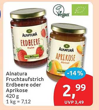 Alnatura Fruchtaufstrich Erdbeere oder Aprikose 420 g 1 kg = 7,12