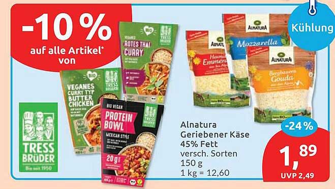 Alnatura Geriebener Käse 45% Fett versch. Sorten 150 g