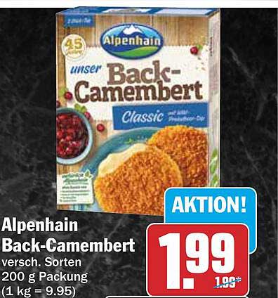 Alpenhain Back-Camembert versch. Sorten 200 g Packung (1 kg = 9.95)
