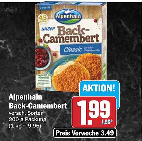 Alpenhain Back-Camembert versch. Sorten 200 g Packung (1 kg = 9,95)
