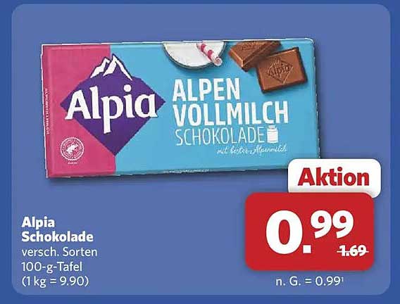 Alpia Schokolade versch. Sorten 100-g-Tafel (1 kg = 9.90)