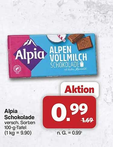 Alpia Schokolade versch. Sorten 100-g-Tafel (1 kg = 9.90)