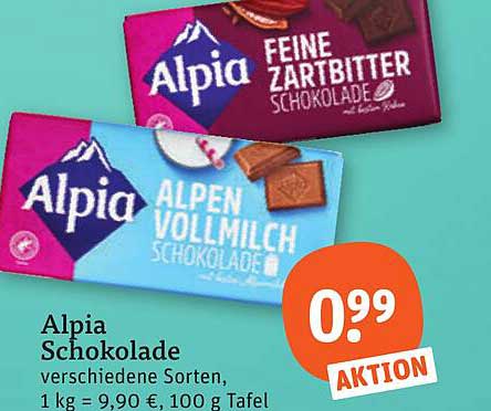 Alpia Schokolade verschiedene Sorten, 1 kg = 9,90 €, 100 g Tafel