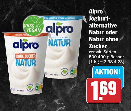 Alpro Joghurt-alternative Natur oder Natur ohne Zucker versch. Sorten 500-400 g Becher (1 kg = 3.38-4.23)