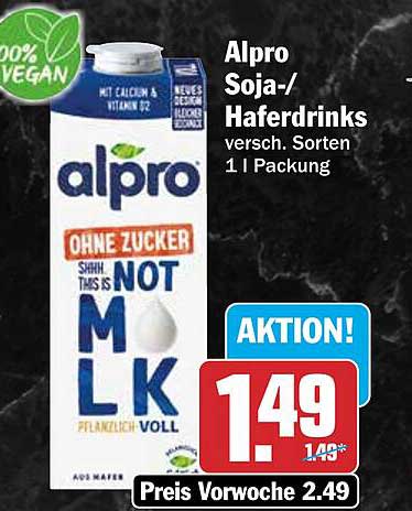 Alpro Soja-/Haferdrinks versch. Sorten 1 l Packung