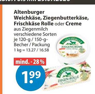 Altenburger Weichkäse, Ziegenbutterkäse, Frischkäse Rolle oder Creme aus Ziegenmilch verschiedene Sorten je 120-g / 150-g-Becher / Packung 1 kg = 13.27 / 16.58