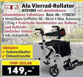 Alu Vierrad-Rollator AT51005 mit abnehmbarem schwenkbaren Fußstützen Best.-Nr.: 1198281