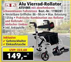 Alu Vierrad-Rollator ATS1005 mit abnehmbaren, schwenkbaren Fußstützen