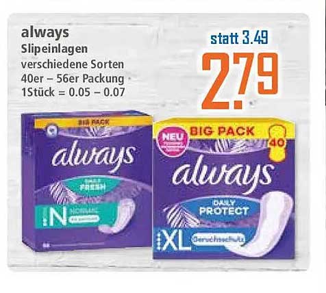 always Slipeinlagen verschiedene Sorten 40er = 5er Packung 1 Stück = 0.05 - 0.07