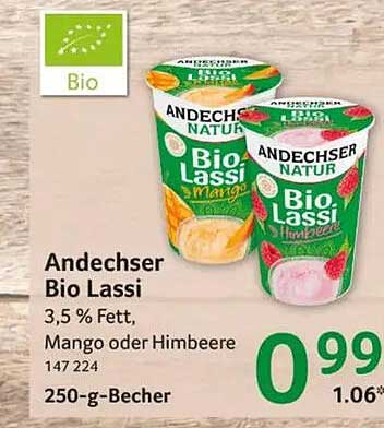 Andechser Bio Lassi 3,5 % Fett, Mango oder Himbeere 250-g-Becher