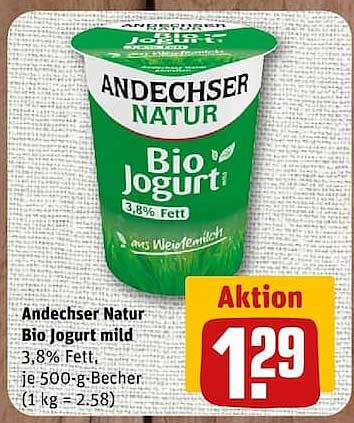 Andechser Natur Bio Joghurt mild 3,8% Fett, je 500-g-Becher (1 kg = 2.58)