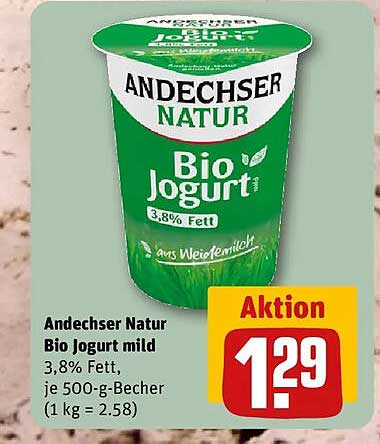 Andechser Natur Bio Joghurt mild 3,8% Fett, je 500-g-Becher (1 kg = 2.58)