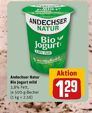 Andechser Natur Bio Joghurt mild 3,8% Fett, je 500-g-Becher