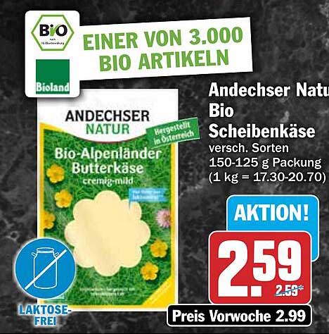 Andechser Natur Bio Scheibenkäse versch. Sorten 150-125 g Packung (1 kg = 17.30-20.70)