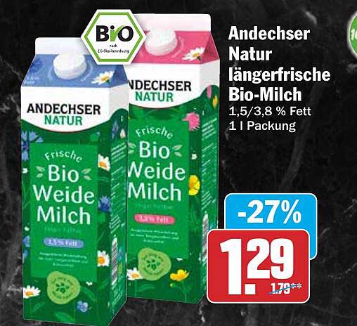 Andechser Natur längerfrische Bio-Milch 1,5/3,8 % Fett 1 l Packung