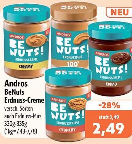 Andros BeNuts Erdnuss-Creme versch. Sorten auch Erdnuss-Mus 320g-335g (1kg=7,43-7,78)