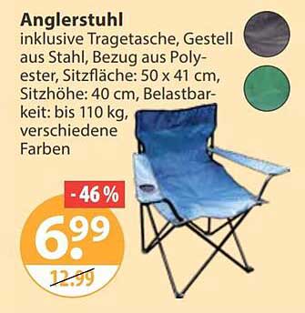 Anglerstuhl inklusive Tragetasche, Gestell aus Stahl, Bezug aus Polyester, Sitzfläche: 50 x 41 cm, Sitzhöhe: 40 cm, Belastbarkeit: bis 110 kg, verschiedene Farben
